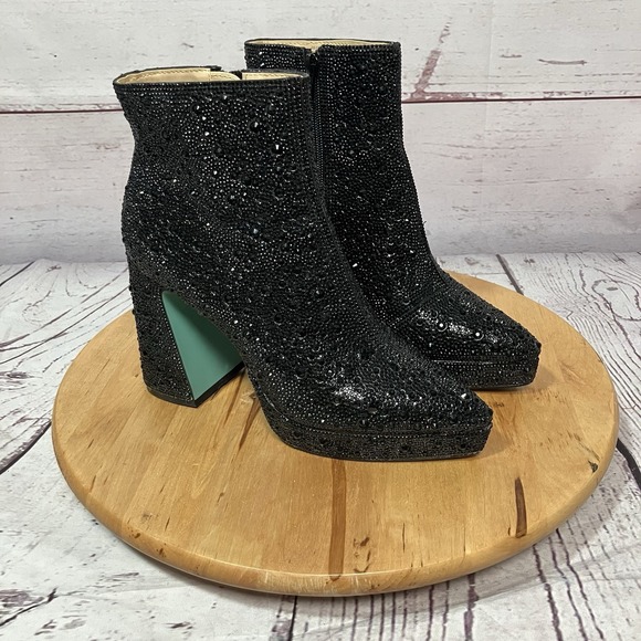 Betsey Johnson Shoes - Betsey Johnson‎ Rhinestone Ankle Boots Women's Size 8 Black Chunky Heel Sparkly
